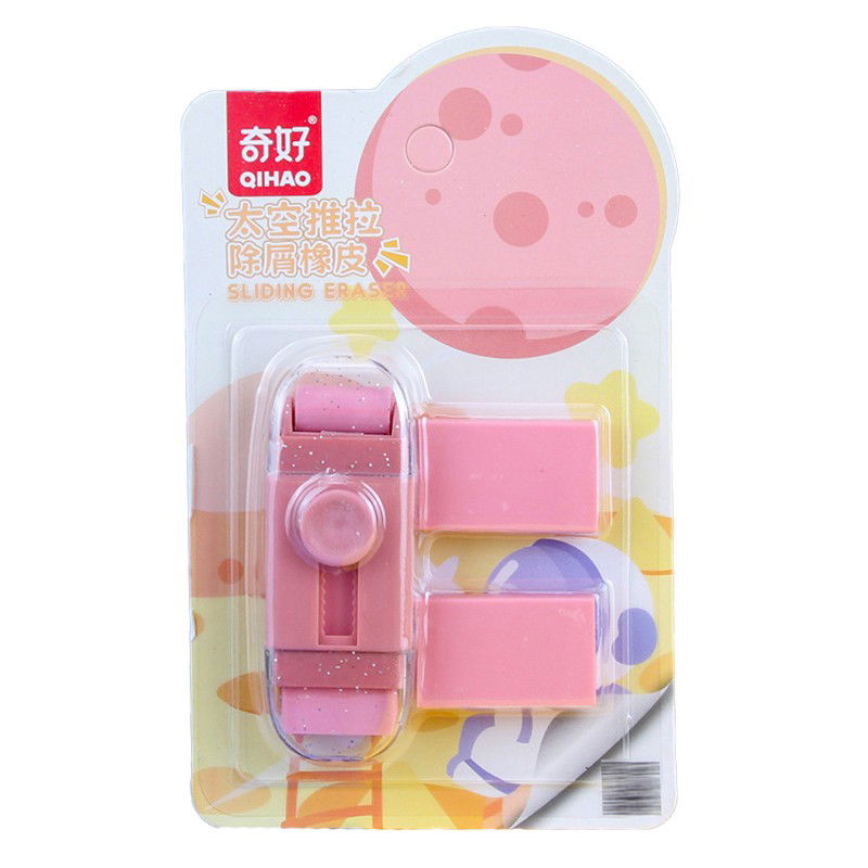 10 - 25 LEI - Radiera Retractabila, Flippy, Model Astronaut Push-Pull pentru elevii, Radiera de tip Push, Doua Radiere de Rezerva in set, Roz