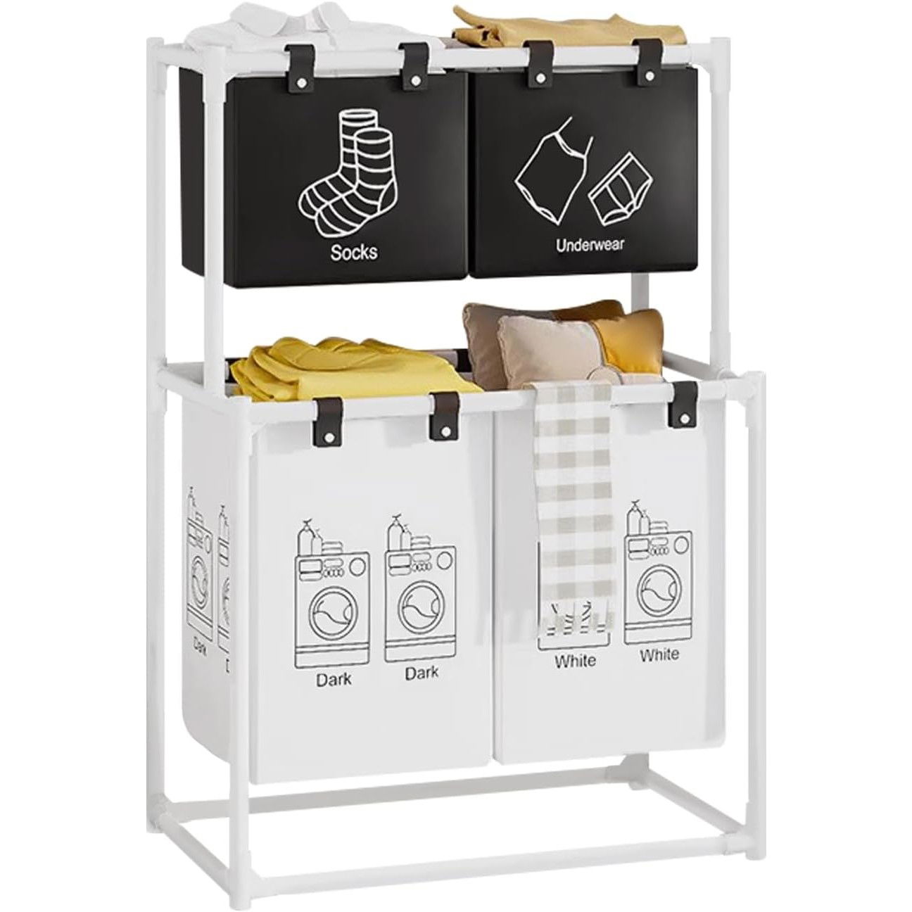 Cos de Rufe, Flippy, cu 2 Etaje, 4 Cosuri, Cadru de Otel Inoxidabil, 97x44x57 cm, Alb [5]