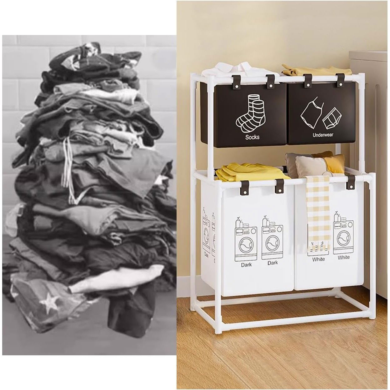 Cos de Rufe, Flippy, cu 2 Etaje, 4 Cosuri, Cadru de Otel Inoxidabil, 97x44x57 cm, Alb [3]