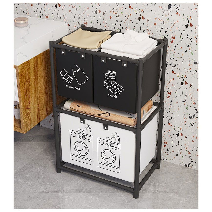 Cos de Rufe, Flippy, cu 2 Etaje, Flippy, 3 Cosuri, Cadru de Otel Inoxidabil, 97x28x57 cm, Negru [6]