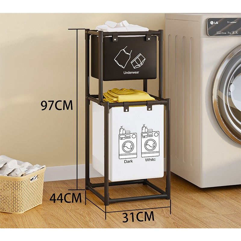 Articole pentru baie - Cos de Rufe, Flippy, cu 2 Etaje, 2 Cosuri, Cadru de Otel Inoxidabil, 97x44x31 cm, Negru