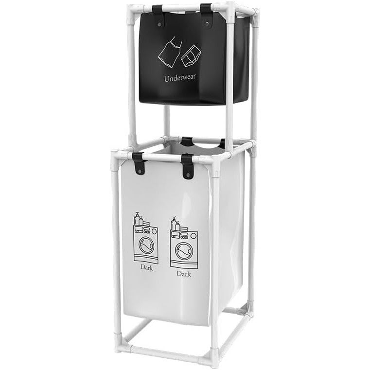 Cos de Rufe, Flippy, cu 2 Etaje, 2 Cosuri, Cadru de Otel Inoxidabil, 97x44x31 cm, Alb [5]