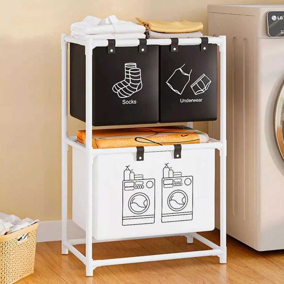 Articole pentru baie - Cos de Rufe, Flippy, cu 2 Etaje, Flippy, 3 Cosuri, Cadru de Otel Inoxidabil, 97x28x57 cm, Alb