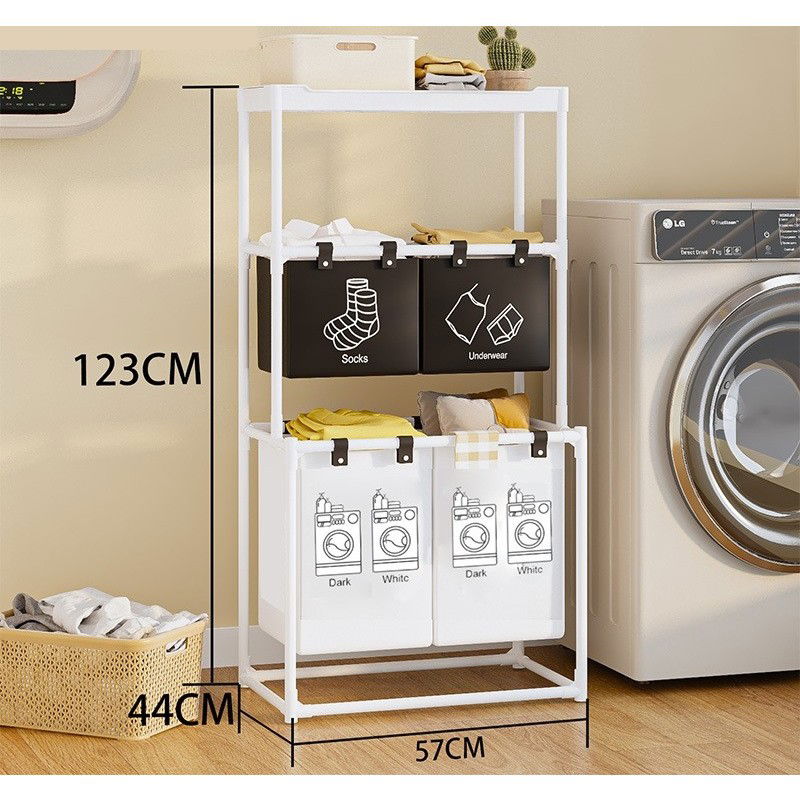 Cos de Rufe, Flippy, 3 Rafturi, 4 Cosuri, Cadru de Otel Inoxidabil, 123x28x57 cm, 123x44x57 cm, Alb [3]