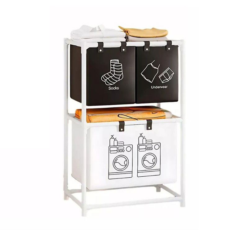 Articole pentru baie - Cos de Rufe, Flippy, cu 2 Etaje, Flippy, 3 Cosuri, Cadru de Otel Inoxidabil, 97x28x57 cm, Alb