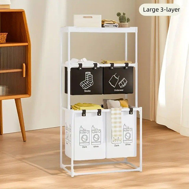 Articole pentru baie - Cos de Rufe, Flippy, 3 Rafturi, 4 Cosuri, Cadru de Otel Inoxidabil, 123x28x57 cm, 123x44x57 cm, Alb