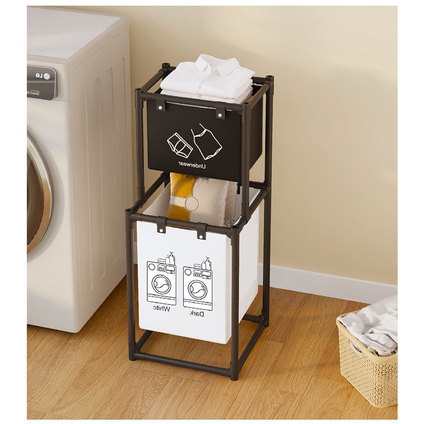 Cos de Rufe, Flippy, cu 2 Etaje, 2 Cosuri, Cadru de Otel Inoxidabil, 97x44x31 cm, Negru [3]