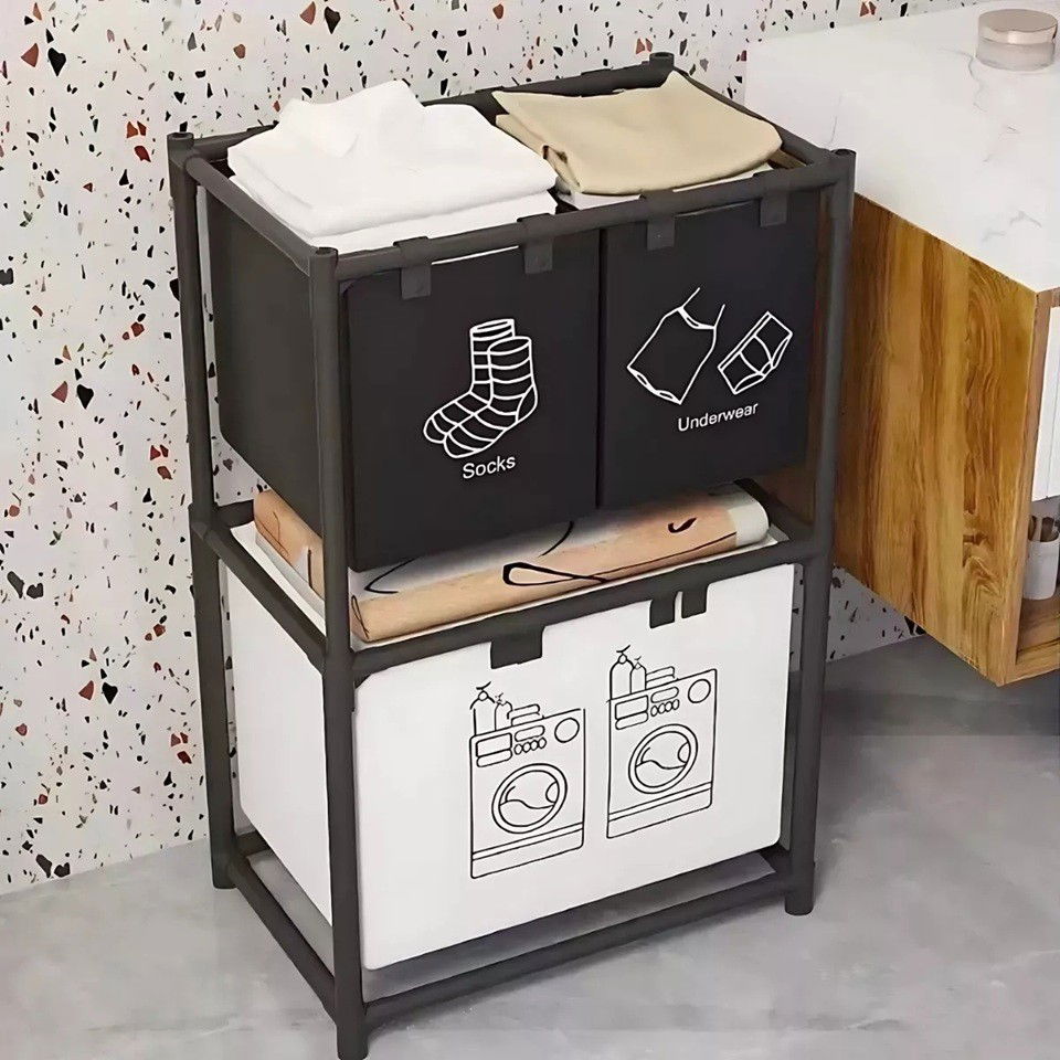 Cos de Rufe, Flippy, cu 2 Etaje, Flippy, 3 Cosuri, Cadru de Otel Inoxidabil, 97x28x57 cm, Negru [3]