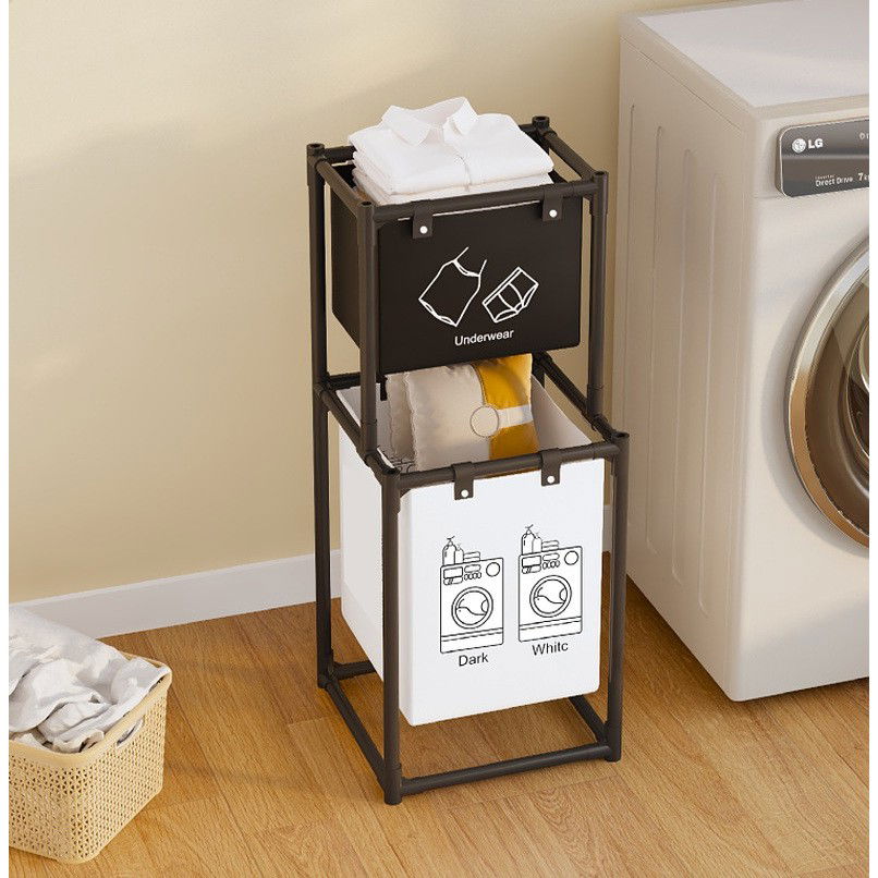 Cos de Rufe, Flippy, cu 2 Etaje, 2 Cosuri, Cadru de Otel Inoxidabil, 97x44x31 cm, Negru [6]