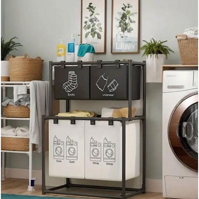 Cos de Rufe, Flippy, cu 2 Etaje, 4 Cosuri, Cadru de Otel Inoxidabil, 97x44x57 cm, Negru [3]