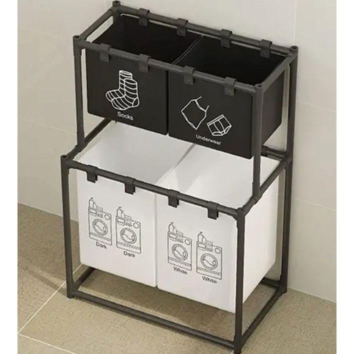 Cos de Rufe, Flippy, cu 2 Etaje, 4 Cosuri, Cadru de Otel Inoxidabil, 97x44x57 cm, Negru [4]