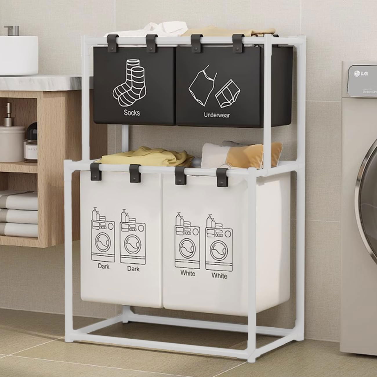 Cos de Rufe, Flippy, cu 2 Etaje, 4 Cosuri, Cadru de Otel Inoxidabil, 97x44x57 cm, Alb [4]