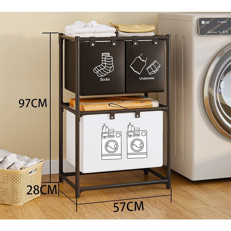 Articole pentru baie - Cos de Rufe, Flippy, cu 2 Etaje, Flippy, 3 Cosuri, Cadru de Otel Inoxidabil, 97x28x57 cm, Negru