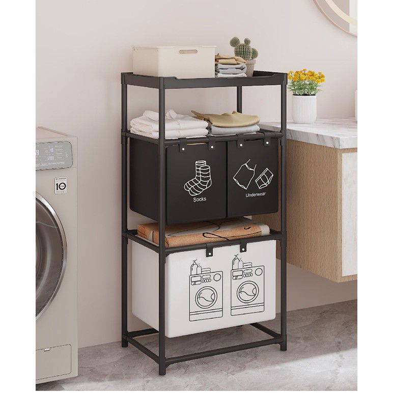 Cos de Rufe, Flippy, 3 Rafturi, 3 Cosuri, Cadru de Otel Inoxidabil, 123x28x57 cm, Negru [6]