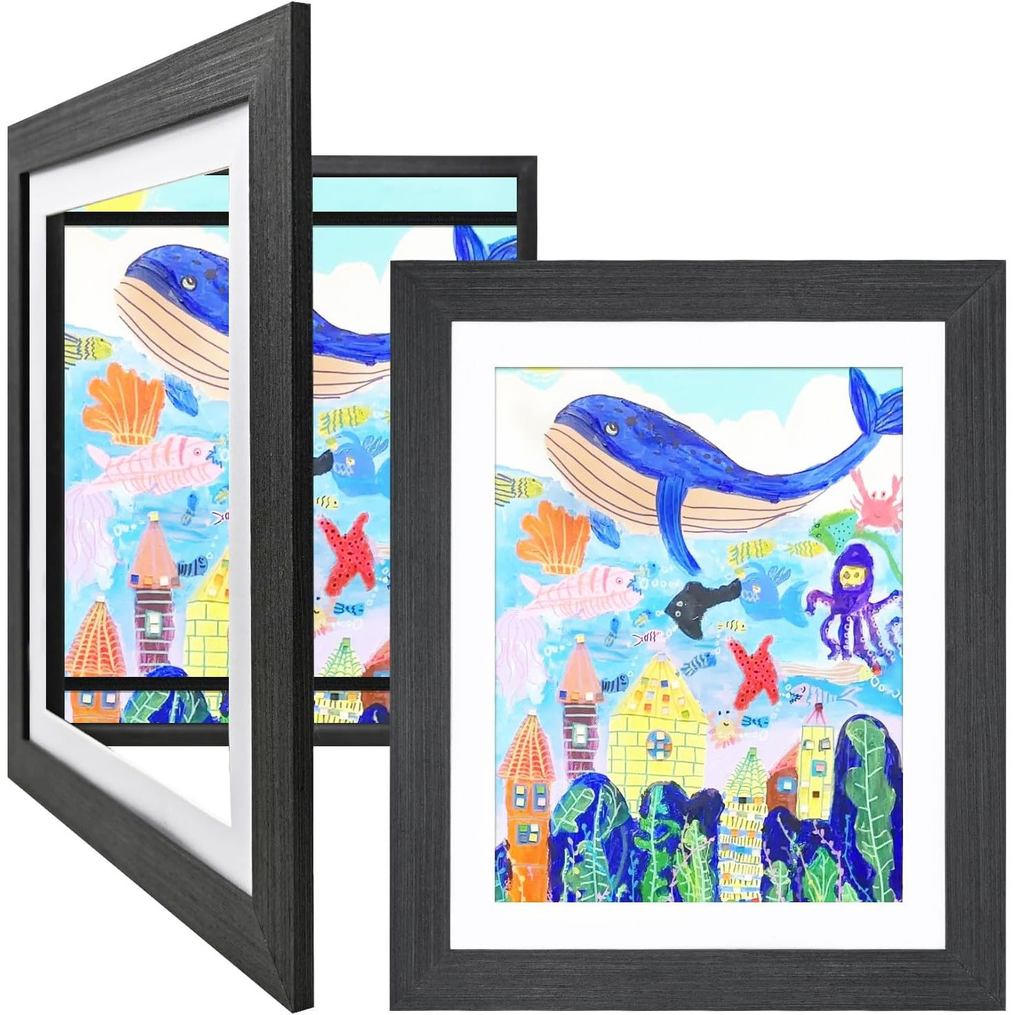 Pentru casa - Rama Foto Flippy, din Lemn, cu Spatiu Pentru Depozitare, Pentru Desene si Picturi A4, Sticla Securizata, Rama MDF, Negru