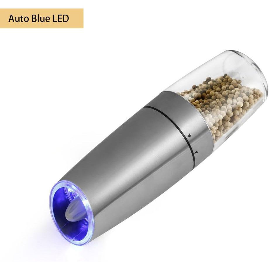 Rasnita Electrica Sare si Piper, Flippy, cu Camera Depozitare Transparenta, Macinare, Functionare pe Baterii, cu Lumina, ABS, 20x6.5 cm, Argintiu/Transparent [5]