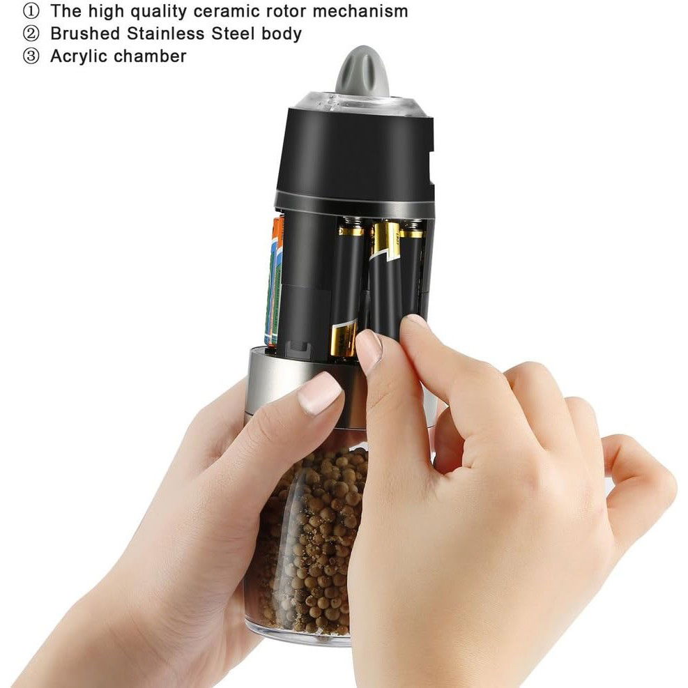 Rasnita Electrica Sare si Piper, Flippy, cu Camera Depozitare Transparenta, Macinare, Functionare pe Baterii, cu Lumina, ABS, 20x6.5 cm, Argintiu/Transparent [3]