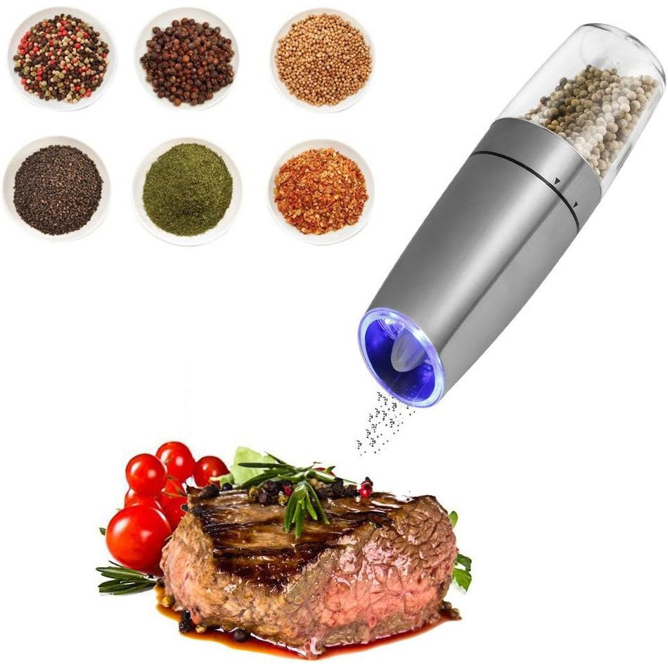 Rasnita Electrica Sare si Piper, Flippy, cu Camera Depozitare Transparenta, Macinare, Functionare pe Baterii, cu Lumina, ABS, 20x6.5 cm, Argintiu/Transparent [8]