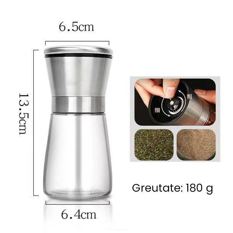 Organizatoare si Depozitare Bucatarie - Rasnita Manuala pentru boabe, Flippy, Rasnita pentru Piper Sare Cafea, din Sticla cu Otel inoxidabil, 13.5 x 6.5 cm, volum 180 ml, Transparenta cu Capac din Inox