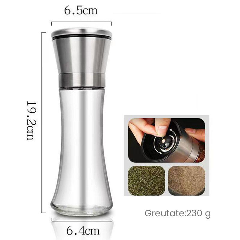 Organizatoare si Depozitare Bucatarie - Rasnita Manuala pentru boabe, Flippy, Rasnita pentru Piper Sare Cafea, din Sticla cu Otel inoxidabil, 19.2 x 6.4 cm, volum 200 ml, Transparenta cu Capac din Inox