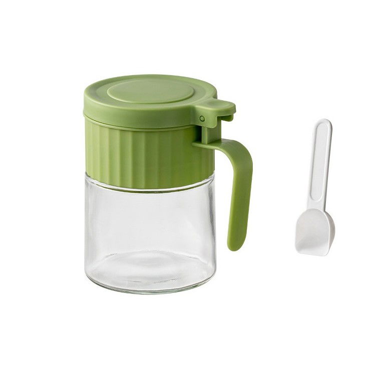 Organizatoare si Depozitare Bucatarie - Recipient Condimente, Flippy, din Stilca, 180 ml, cu Maner si Lingurita, 10.6 x 7 x 7 cm, Capac Mat, Verde