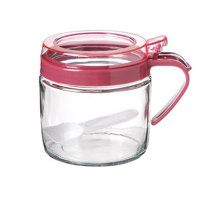 Organizatoare si Depozitare Bucatarie - Recipient Condimente, Flippy, din Stilca, 180 ml, cu Maner si Lingurita, 8 x 9 cm, Capac Transparent, Roz