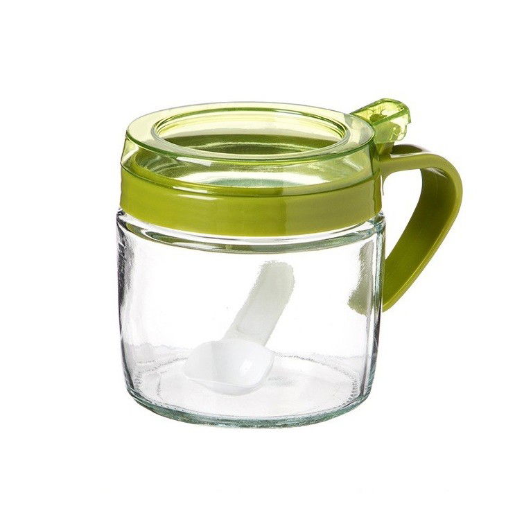 Organizatoare si Depozitare Bucatarie - Recipient Condimente, Flippy, din Stilca, 180 ml, cu Maner si Lingurita, 8 x 9 cm, Capac Transparent, Verde