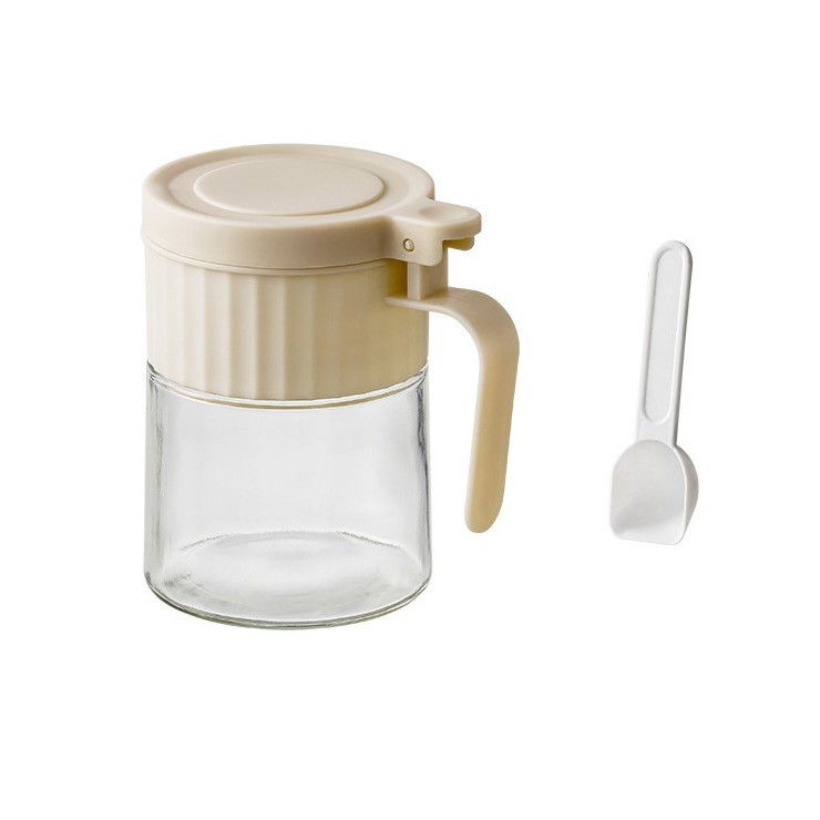 Organizatoare si Depozitare Bucatarie - Recipient Condimente, Flippy, din Stilca, 180 ml, cu Maner si Lingurita, 10.6 x 7 x 7 cm, Capac Mat, Alb