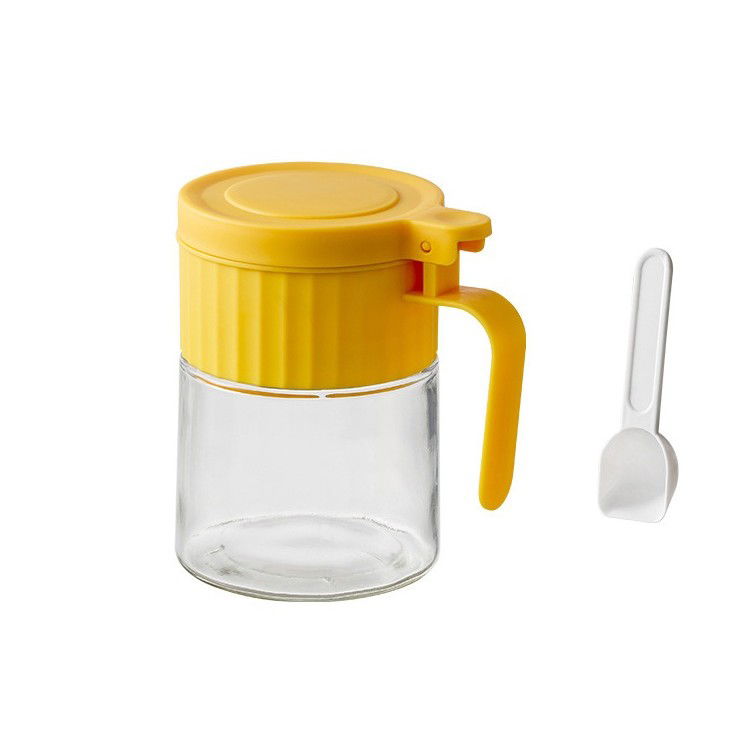 Organizatoare si Depozitare Bucatarie - Recipient Condimente, Flippy, din Stilca, 180 ml, cu Maner si Lingurita, 10.6 x 7 x 7 cm, Capac Mat, Galben