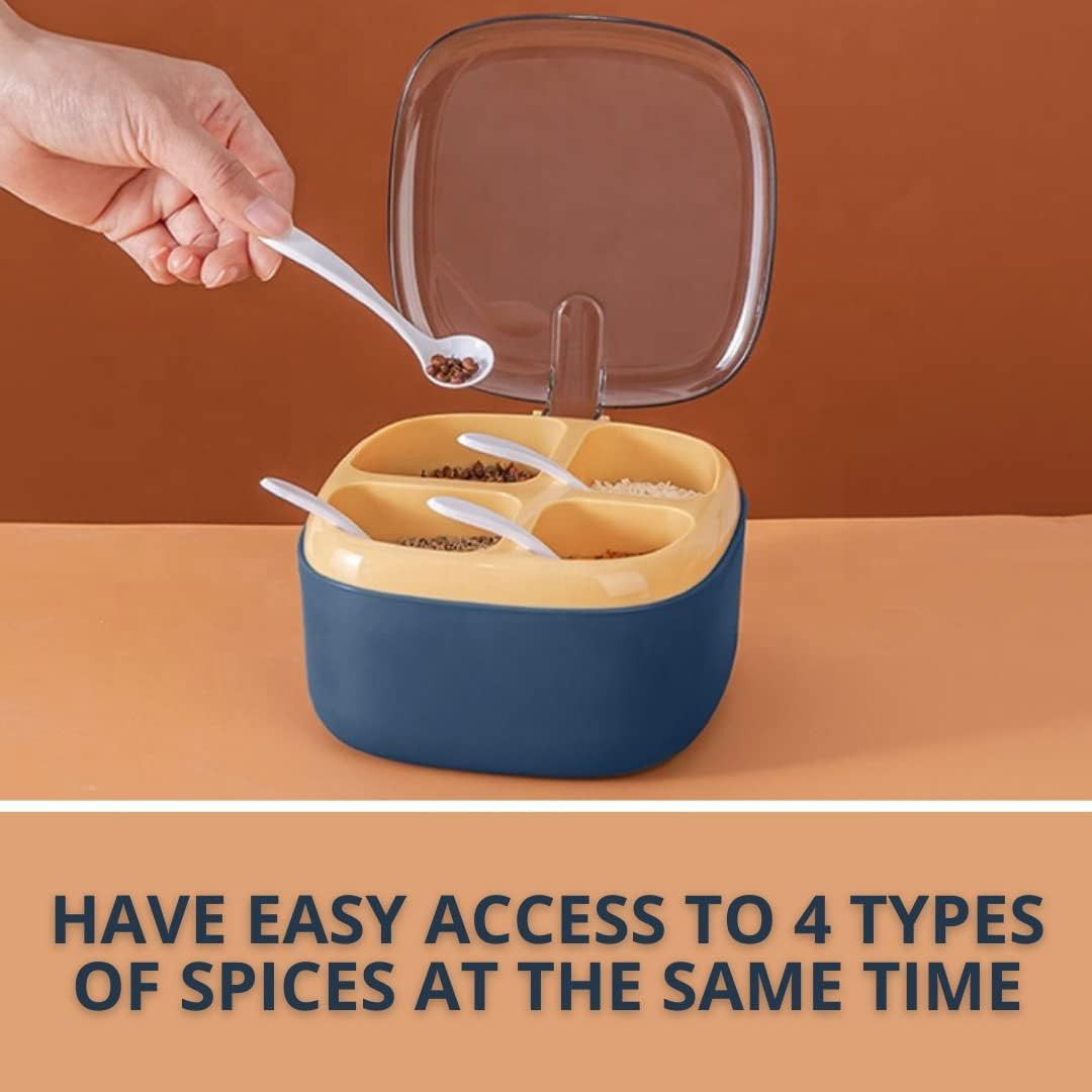 Recipient pentru condimente Flippy, 4 casute, potrivit pentru sare, cimbru, piper, condimente, 4 lingurite din plastic, capac din plastic, maner, 14x14x8 cm, albastru [4]