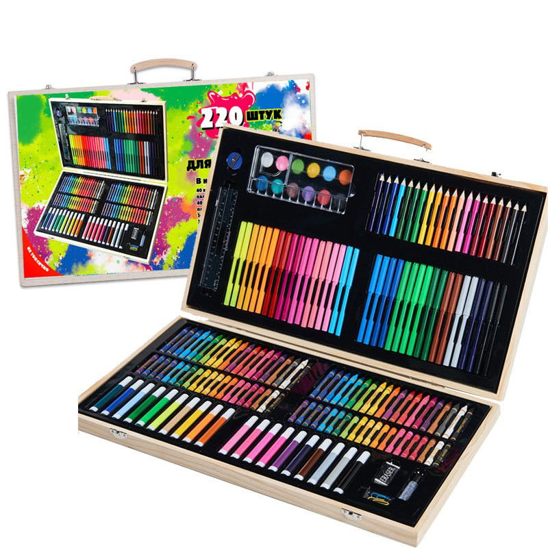 50 - 100 LEI - Set 220 Piese pentru Desen si Pictura, Flippy, Tip Servieta din Lemn, Model Natur, 48 x 30 x 5 cm, Multicolor
