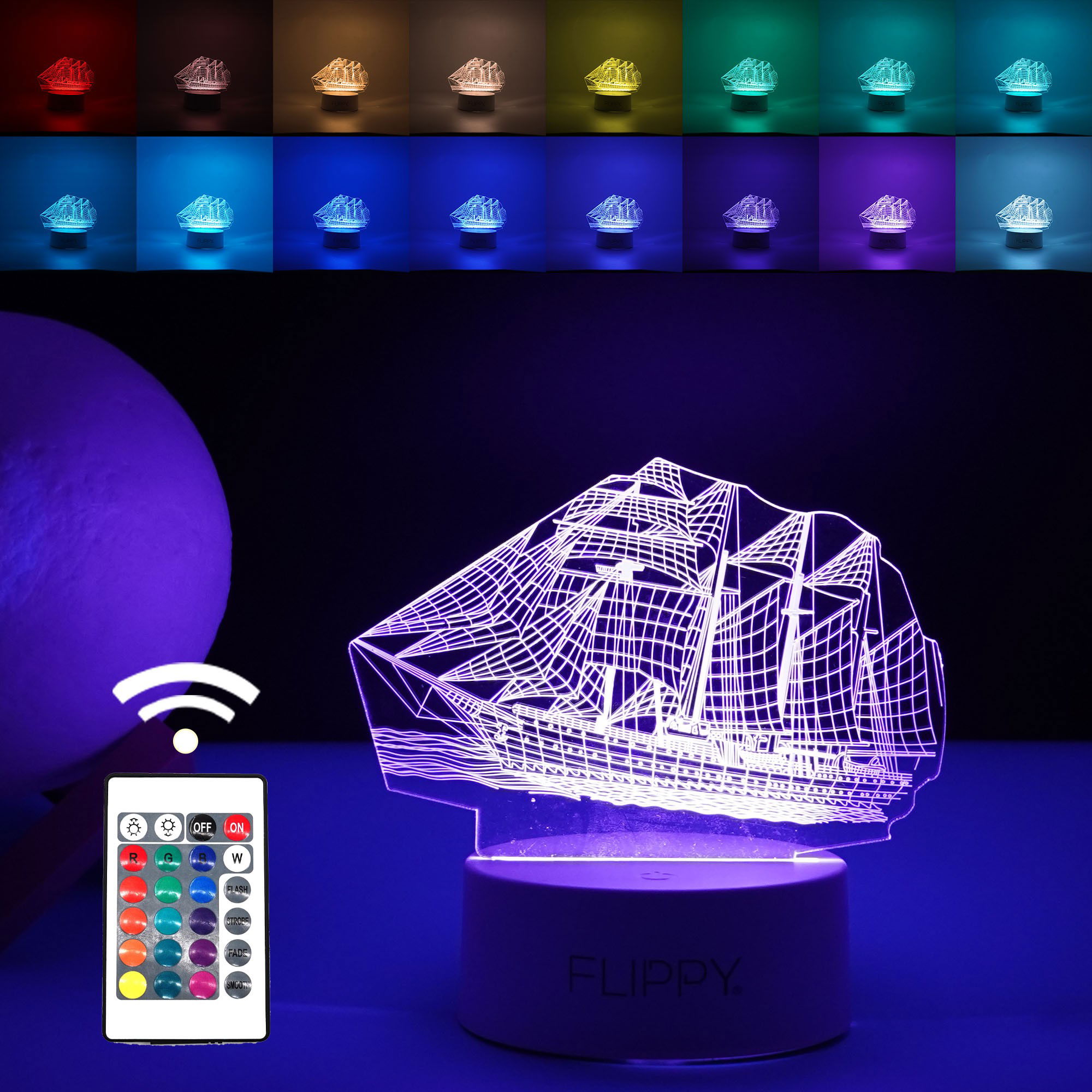 Lampi de veghe - Lampa LED decorativa, Flippy, 3D, Vapor, cu telecomanda, doua moduri de alimentare USB si baterii, 20 cm inaltime, din material acril si lumina multicolora, alb