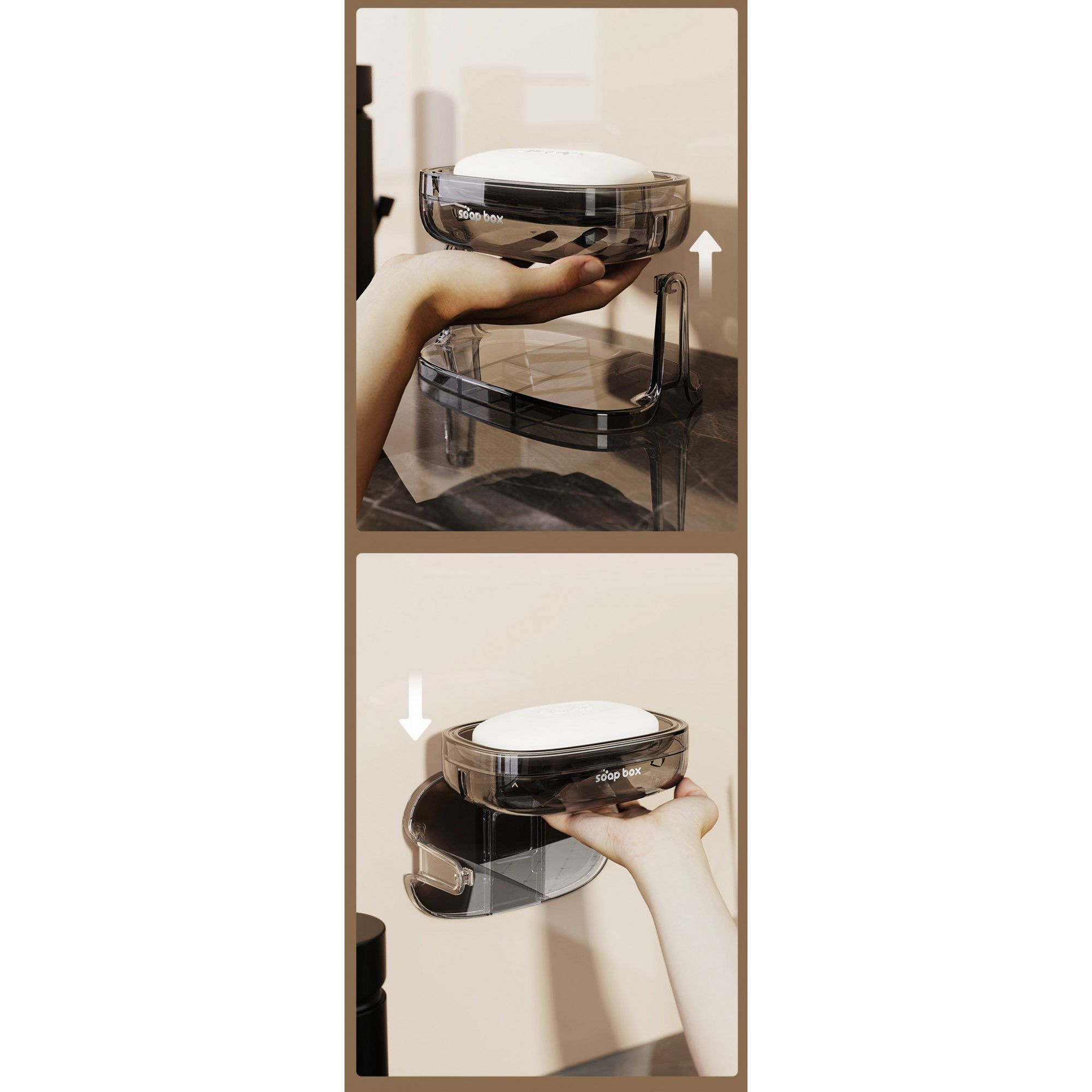 Savoniera cu Suport 2 in 1, Flippy, Pentru Perete sau Blat, PET, Scurgere Optima, GriTransparent [5]