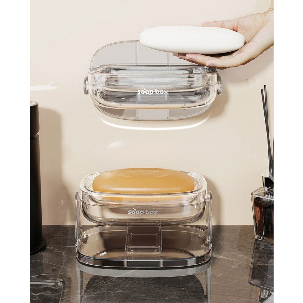 Savoniera cu Suport 2 in 1, Flippy, Pentru Perete sau Blat, PET, Scurgere Optima, Argintiu Transparent [4]