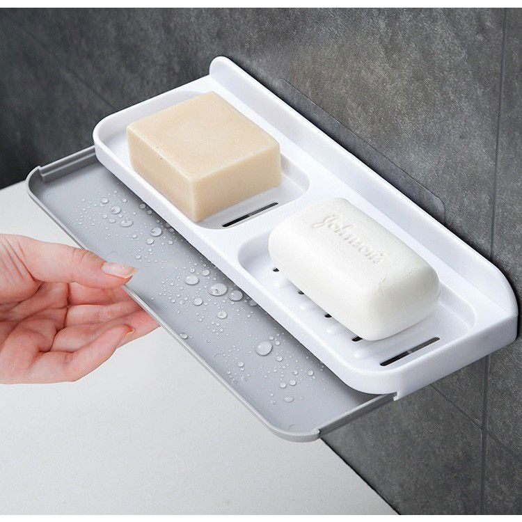 Savoniera Dubla, Flippy, de Perete, cu Compartiment de Scurgere, Montare prin Lipire, 26 x 8 x 4 cm, Alb/Gri [9]