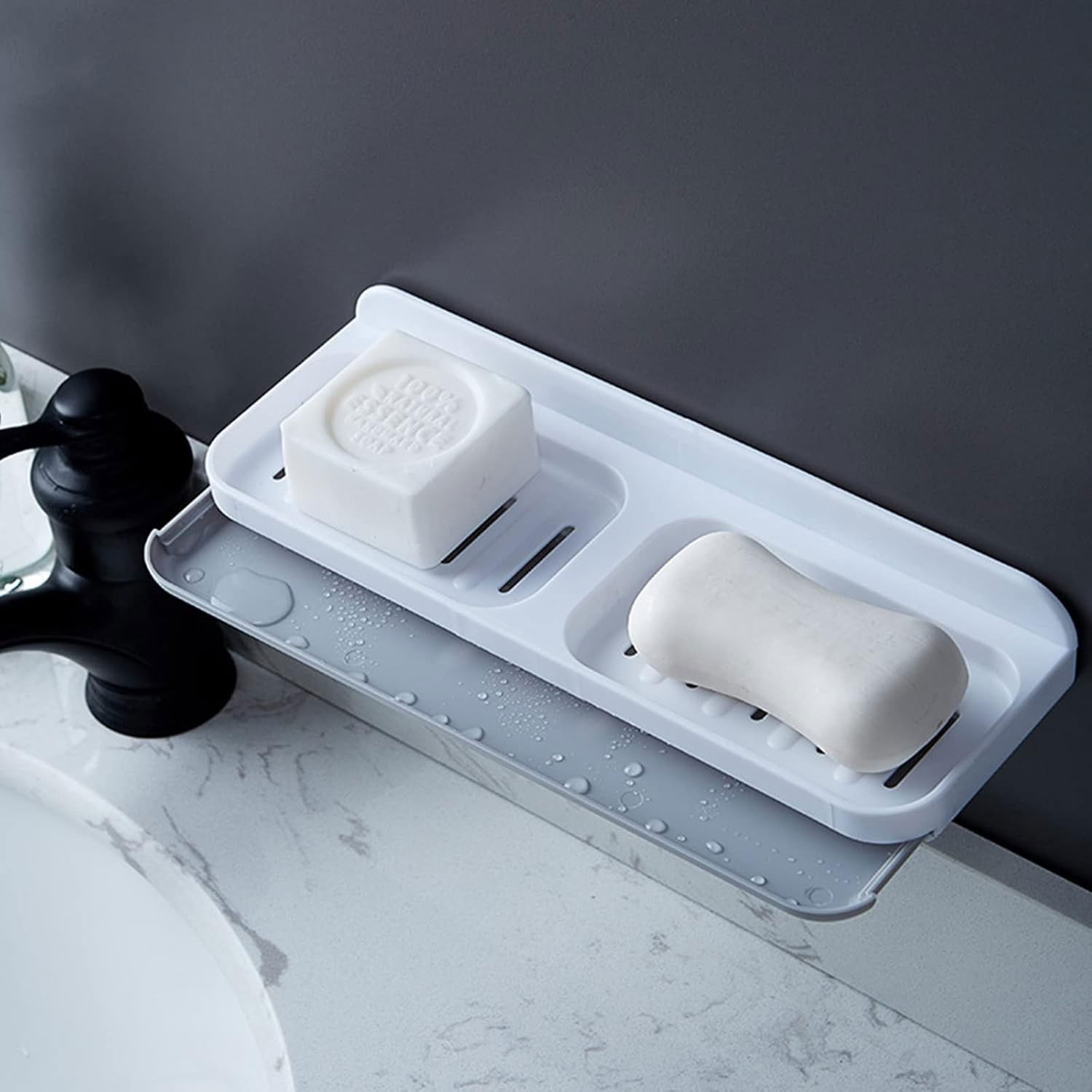 Savoniera Dubla, Flippy, de Perete, cu Compartiment de Scurgere, Montare prin Lipire, 26 x 8 x 4 cm, Alb/Gri [7]