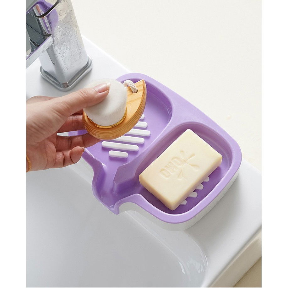 Articole pentru baie - Savoniera Dubla, Flippy, Sistem de Scurgere a Apei, din ABS, 14.5 x 18 x 3 cm, Mov/Alb