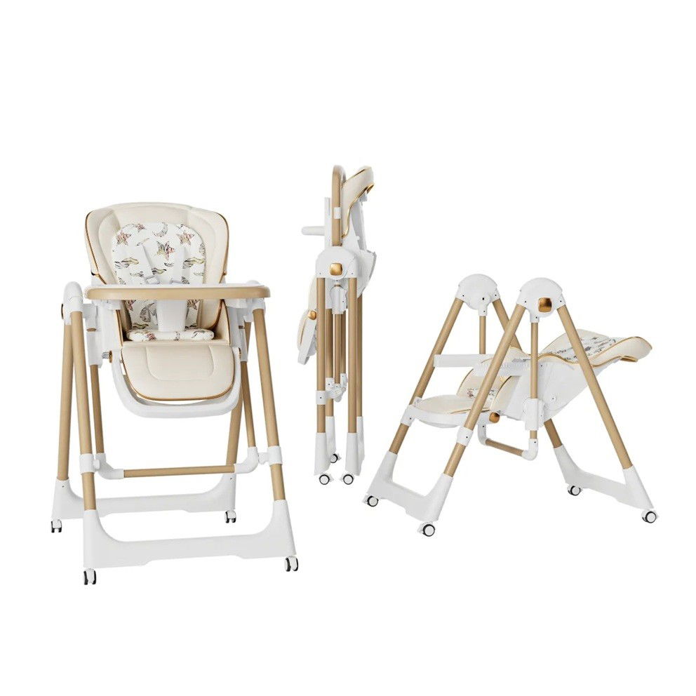 Scaune de masa bebe - Scaun de Masa 2in1, Flippy, pentru Copii 6 luni - 4 Ani, Pliabil, cu Roti, Balansoar, Leagan, Reglabil, Tava de Masa Dubla, Centura in 5 Puncte, 96 x 56 x 76 cm, Sampanie