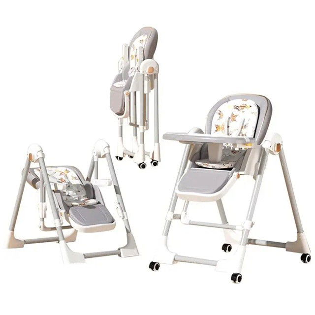 Scaun de Masa 2in1, Flippy, pentru Copii 6 luni - 4 Ani, Pliabil, cu Roti, Balansoar, Leagan, Reglabil, Tava de Masa Dubla, Centura in 5 Puncte, 96 x 56 x 76 cm, Gri [6]