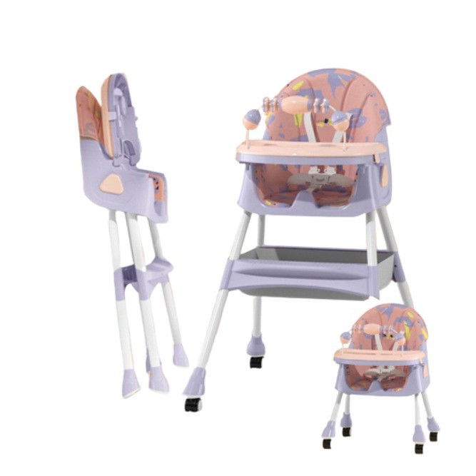 Scaun de Masa 2in1, Flippy, pentru Copii de la 6 luni - 5 Ani, Inaltime Reglabila, Centura in 5 Puncte, Tava de Masa, Roti cu Frana, Cos Depozitare, Jucarie Inclusa, 94 x 78 x 60 cm, Roz/Mov [3]
