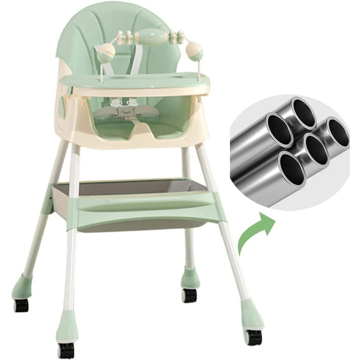 Scaune de masa bebe - Scaun de Masa 2in1, Flippy, pentru Copii de la 6 luni - 5 Ani, Inaltime Reglabila, Centura in 5 Puncte, Tava de Masa, Roti cu Frana, Cos Depozitare, Jucarie Inclusa, 94 x 78 x 60 cm, Verde
