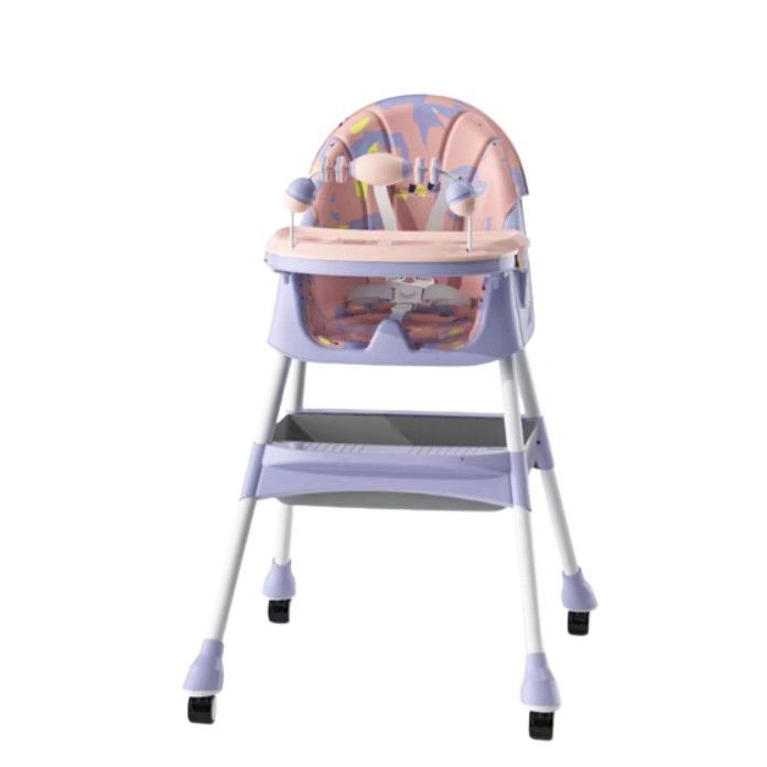 Scaune de masa bebe - Scaun de Masa 2in1, Flippy, pentru Copii de la 6 luni - 5 Ani, Inaltime Reglabila, Centura in 5 Puncte, Tava de Masa, Roti cu Frana, Cos Depozitare, Jucarie Inclusa, 94 x 78 x 60 cm, Roz/Mov