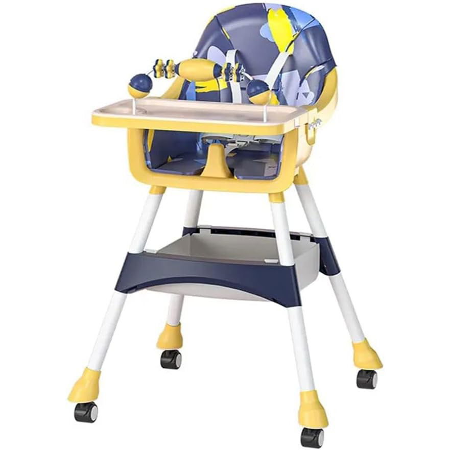 Scaune de masa bebe - Scaun de Masa 2in1, Flippy, pentru Copii de la 6 luni - 5 Ani, Inaltime Reglabila, Centura in 5 Puncte, Tava de Masa, Roti cu Frana, Cos Depozitare, Jucarie Inclusa, 94 x 78 x 60 cm, Albastru/Galben