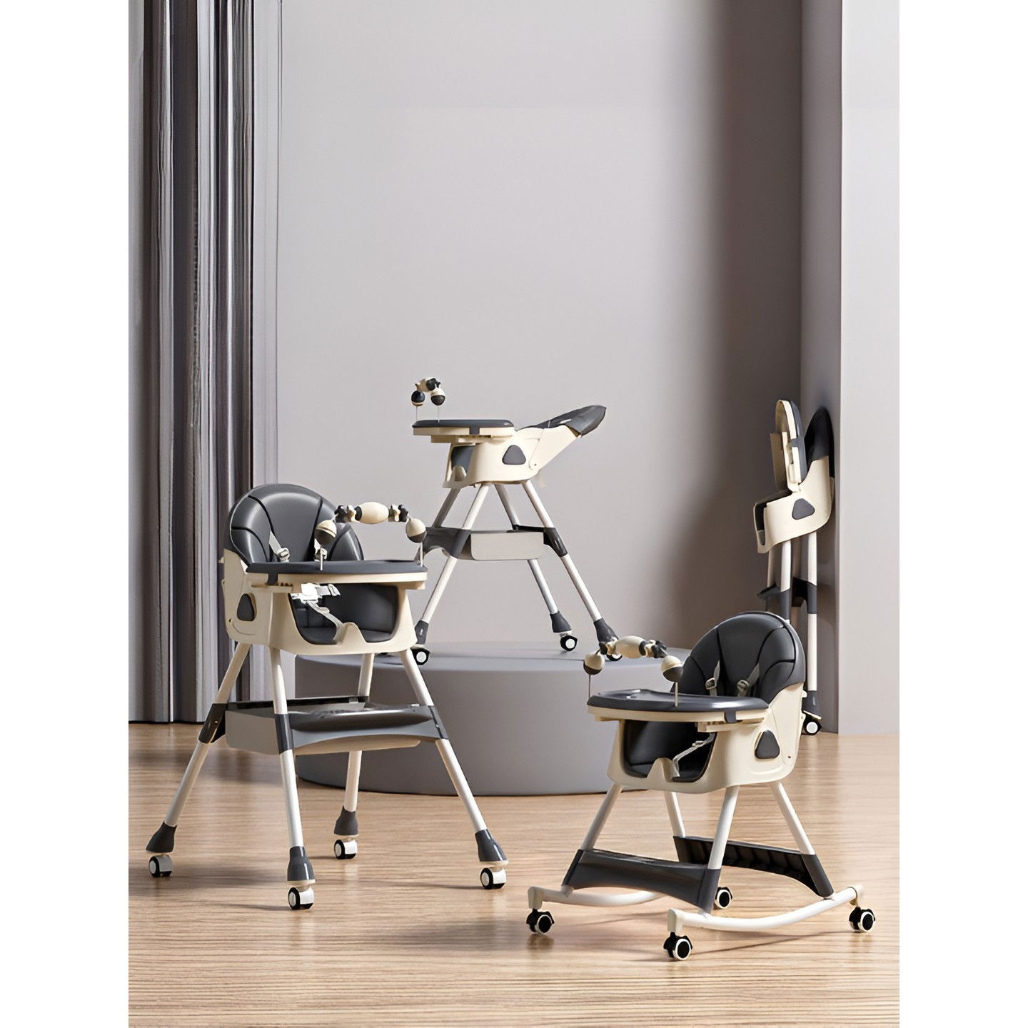 Scaun de Masa pe Roti pentru Copii, Flippy, 2 Tavite si Husa Detasabile, Multifuncțional, Stabil, Centura de Siguranta, Spatar Reglabil Moale, Balansoar, Cos de Depozitare, de la 6 Luni, Gri [4]