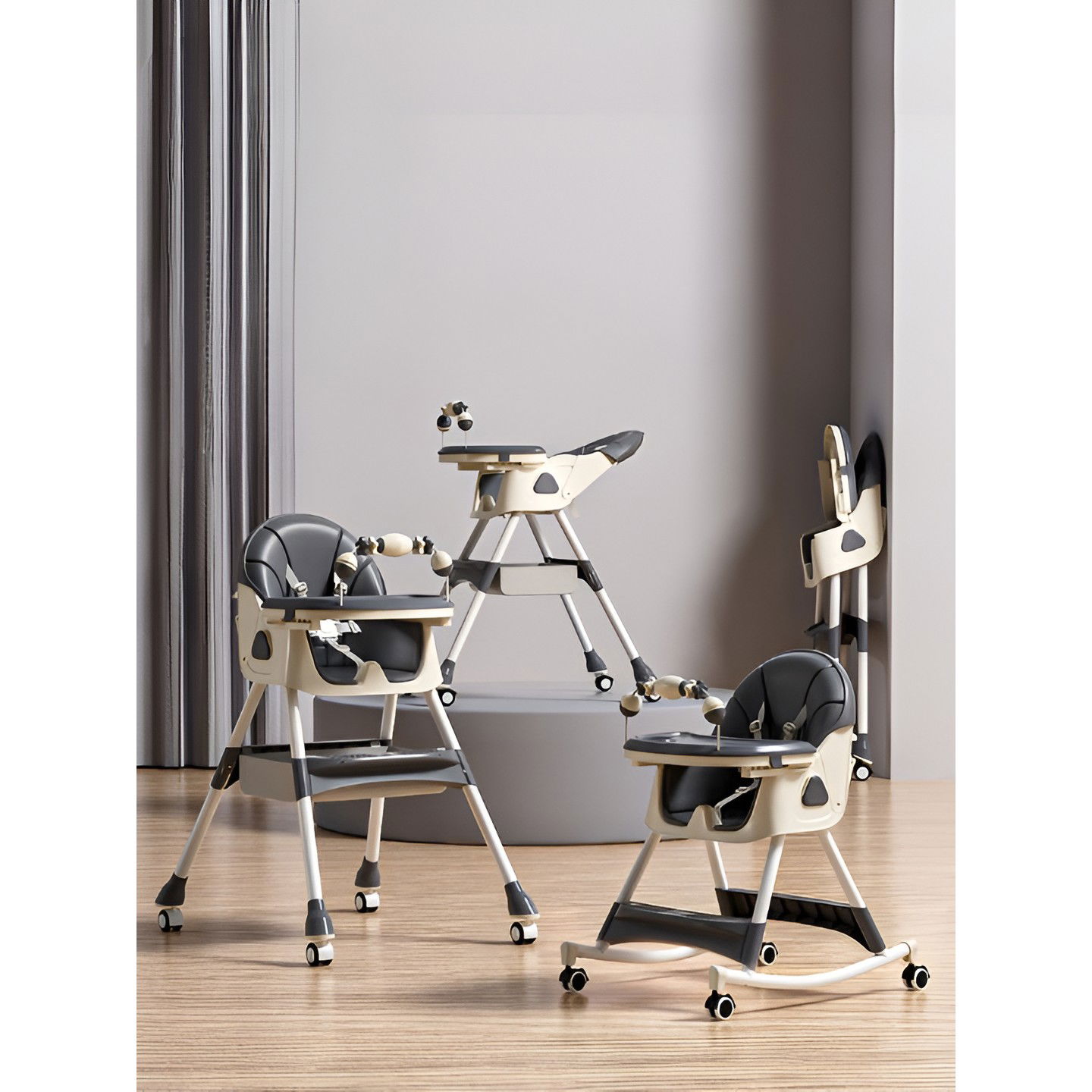 Scaune de masa bebe - Scaun de Masa pentru Bebelusi si Copii, Flippy, 2 Tavite cu Jucarii si Husa Detasabile, Multifuncțional, Stabil, Centura de Siguranta, Spatar Reglabil Moale, Balansoar, Cos de Depozitare, de la 6 Luni