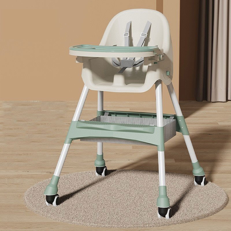 Scaun de Masa pentru Bebelusi si Copii, Flippy, cu Roti, Telescopic, Pliabil, Masuta Reglabila, Suport Picioare, Scaun cu Invelis Piele Artificiala, Centura Siguranta, Spatiu Depozitare, 97x73x65 cm,  [5]