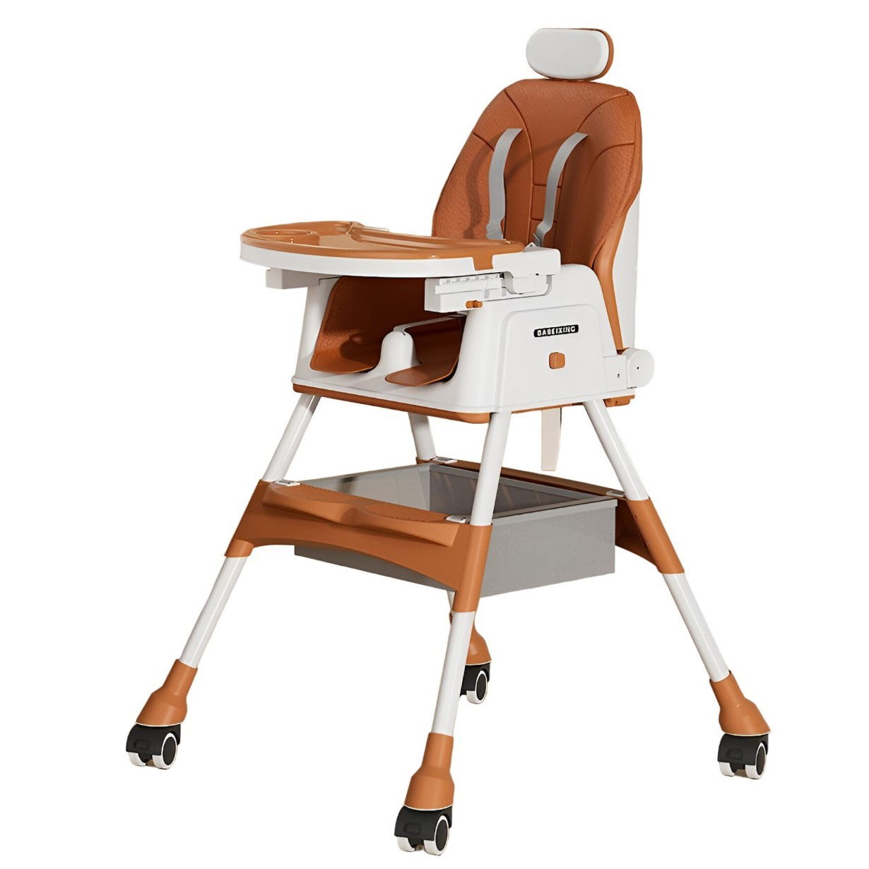 Scaune de masa bebe - Scaun de Masa pentru Bebelusi si Copii Flippy, cu Roti, cu Tetiera, Telescopic, Pliabil, Masuta Reglabila, Suport Picioare, Scaun cu Invelis Piele Artificiala, Centura Siguranta, Spatiu Depozitare, 97