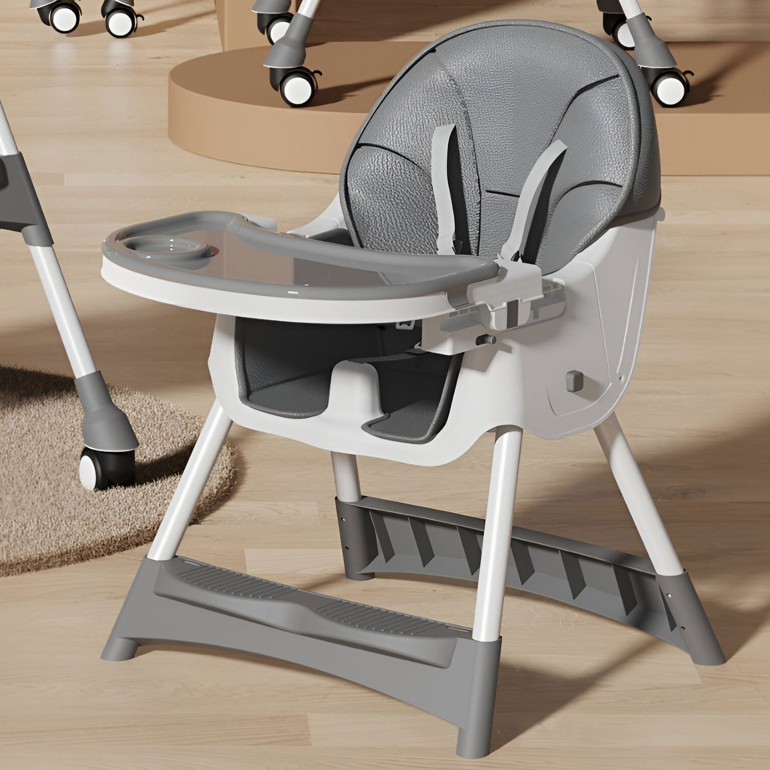 Scaun de Masa pentru Bebelusi si Copii, Flippy, cu Roti, Telescopic, Pliabil, Masuta Reglabila, Suport Picioare, Scaun cu Invelis Piele Artificiala, Centura Siguranta, Spatiu Depozitare, 97x73x65 cm,  [4]