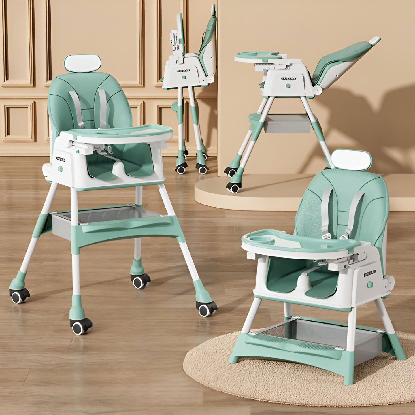 Scaune de masa bebe - Scaun de Masa pentru Bebelusi si Copii Flippy, cu Roti, cu Tetiera, Telescopic, Pliabil, Masuta Reglabila, Suport Picioare, Scaun cu Invelis Piele Artificiala, Centura Siguranta, Spatiu Depozitare, 97