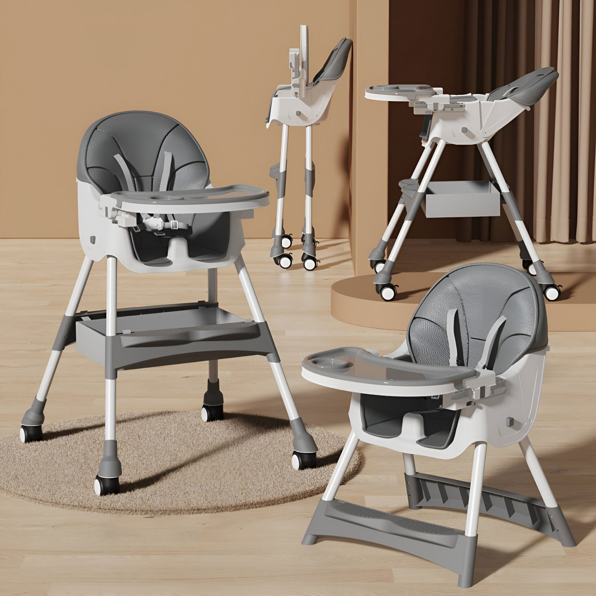 Scaun de Masa pentru Bebelusi si Copii, Flippy, cu Roti, Telescopic, Pliabil, Masuta Reglabila, Suport Picioare, Scaun cu Invelis Piele Artificiala, Centura Siguranta, Spatiu Depozitare, 97x73x65 cm,  [3]